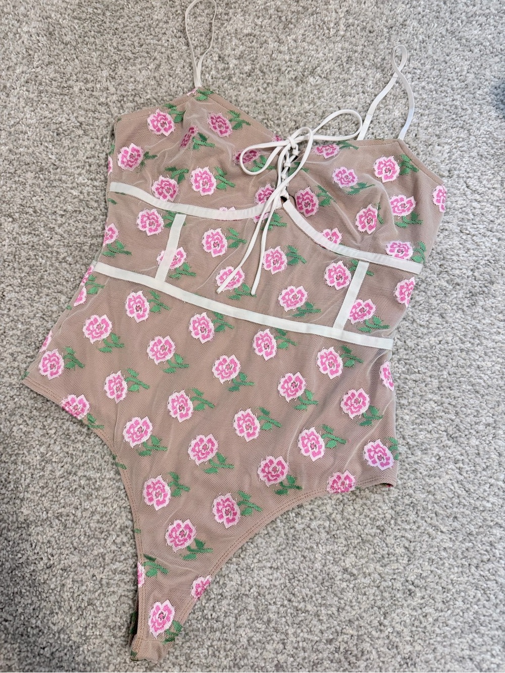 Floral Mesh Bodysuit with Pink Roses